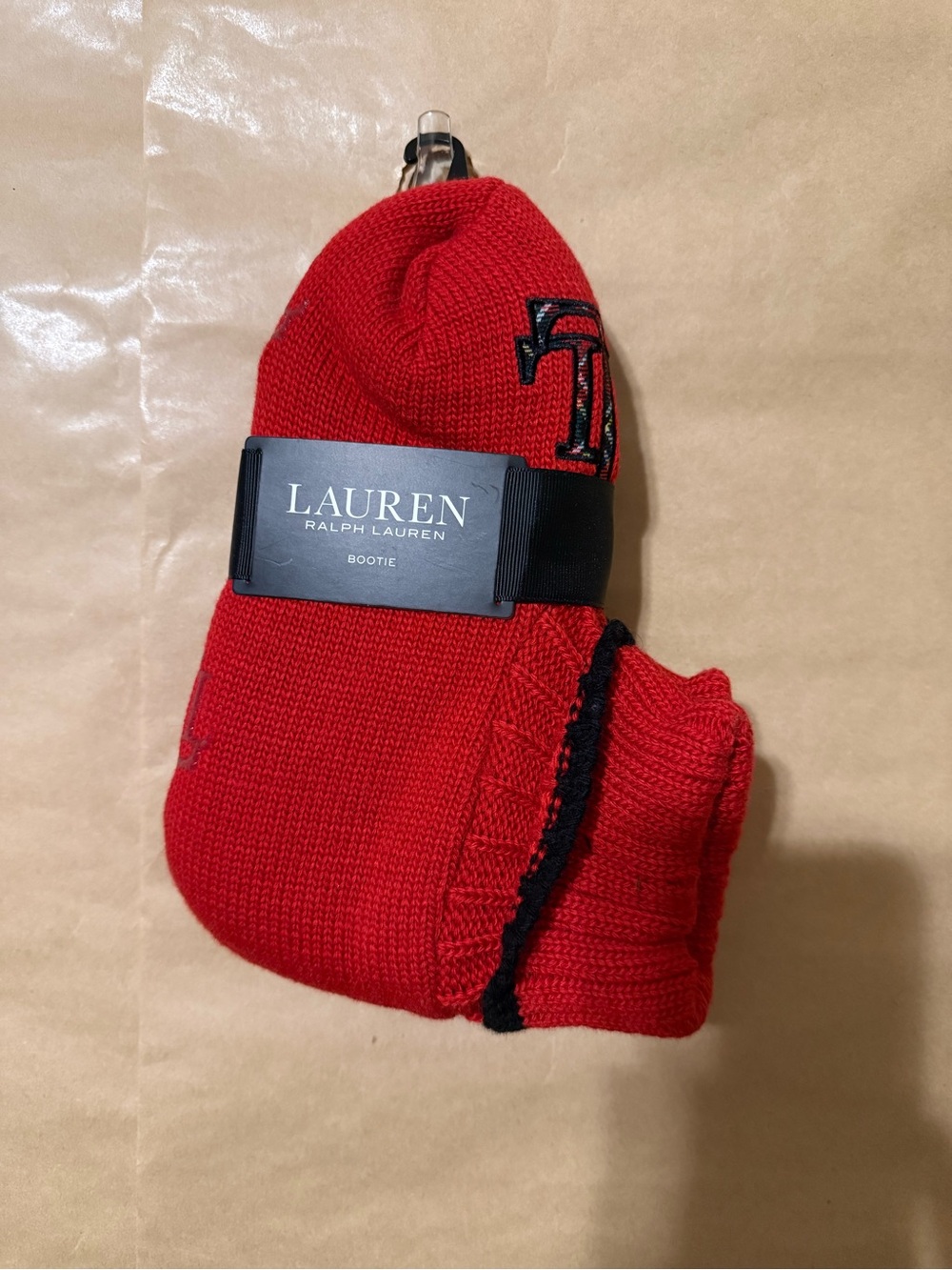 Lauren Ralph Lauren Red Knit Bootie Slippers LRL Logo NWT